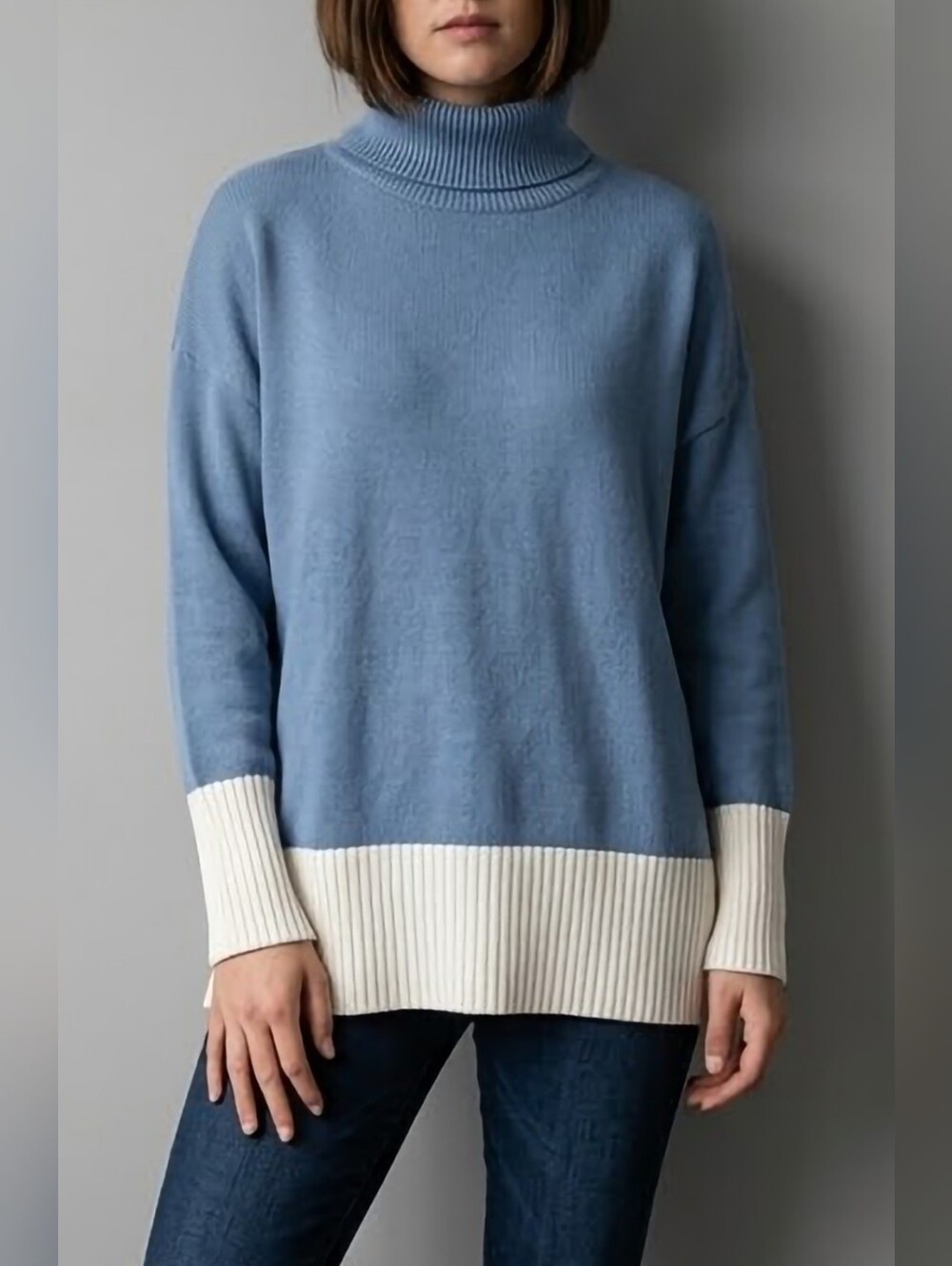 Kim Gravel Belle Blue Turtleneck Sweater White Rib Trim Cotton/Viscose Medium